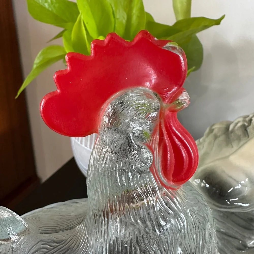 VTG Clear Glass Rooster Candy Dish Red Comb Pedestal Covered Compote Bowl MCM